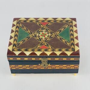 Vintage Spanish Marquetry Wooden Jewelry Music Box w/ Inlay Latch Hinges Lid